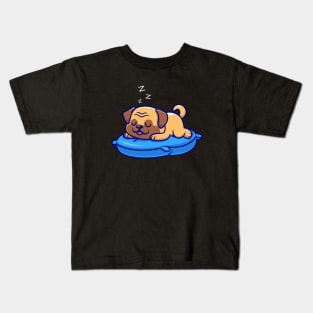 Cute Pug Dog Sleeping On Pillow Cartoon Kids T-Shirt